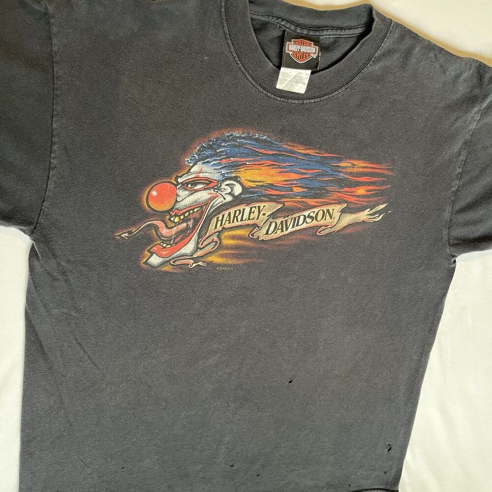 Y2K Harley Davidson T Shirt Large Faded USA Thrashed Holes Flames Clown Circus